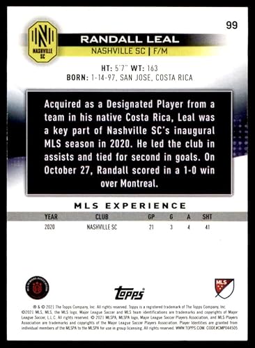 Miniatura 2 de 2021 Topps MLS #99 Randall Leal Nashville SC Soccer Card