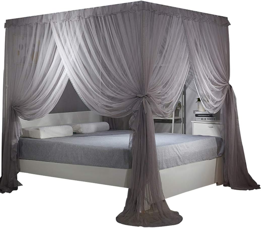 Nattey 4 Corners Bed Curtain Canopy Net Canopies for Girls Princess Boy Bed (Queen, Gray)