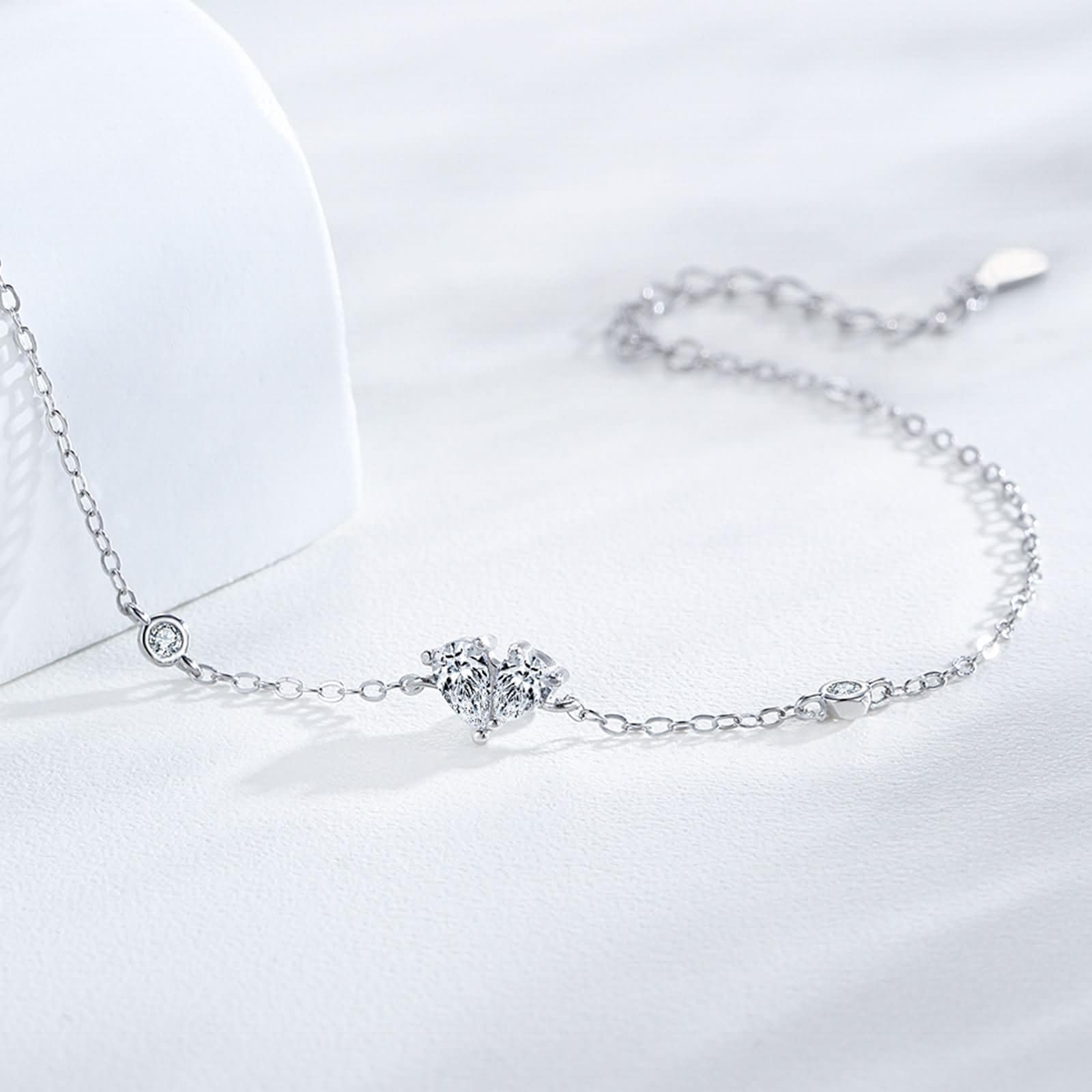 Pulsera Oro Blanco 9K / 14K / 18K Mujer, Corazón y Gota de Agua con Diamante Creado de 0,25 ct, Cadena Extensible 16 CM + 5 CM, Pulseras Mujer Ajustable Plata