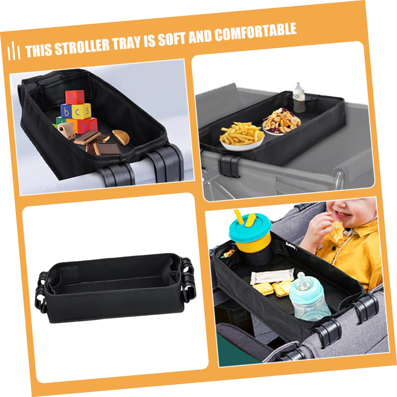 Kinderwagen Tablett mit Snackhalter für Junge Mädchen Verstellbare Clip Essensablage Schwarz und Tragbar für Ausflüge