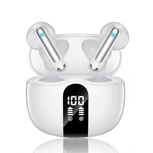 XIAOWTEK Wireless Earbuds, 2026 Bluetooth 5.4 Headphones Bass Stereo Ear Buds with Noise Cancelling Mic, LED Display in Ear Earphones 50H Playtime Ear Buds, IP7 Waterproof for Laptop Pad Phones White