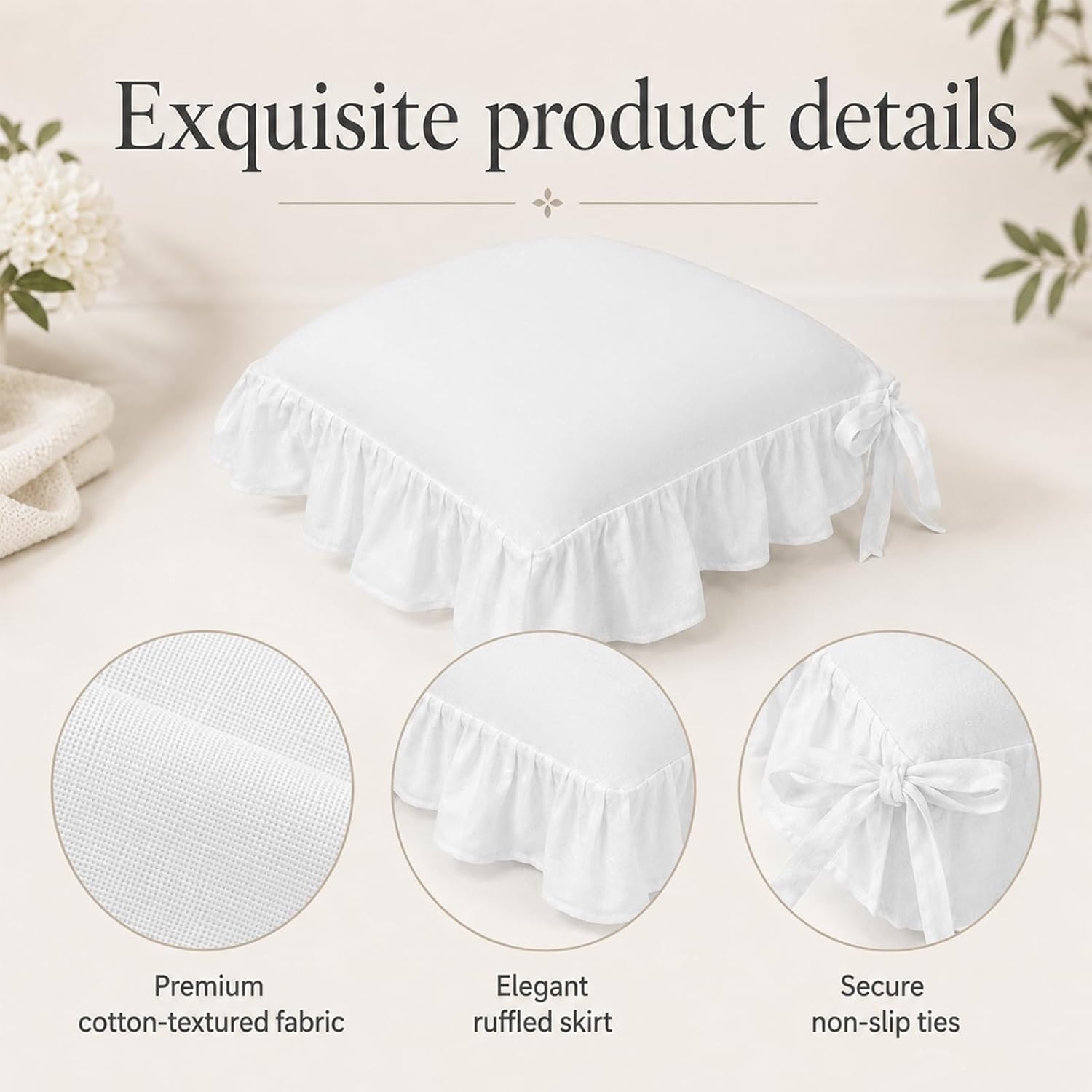 6 Ruffle Chair Cushion Covers, 17.7x17.7 in, White with Ties for Dining | Cotton-textured breathable fabric, ruffled skirt adds charm, fits kitchen, cafe, wedding, covers only (padding not included)