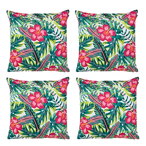 Image of Bean Bag Bazaar Outdoor Cushions Filled, Wild Collection, Jungle Bloom Print, Set of 4, 43cm x 43cm, Water Resistant, Green Outdoor Cushions for Garden Furniture, Garden, Patio