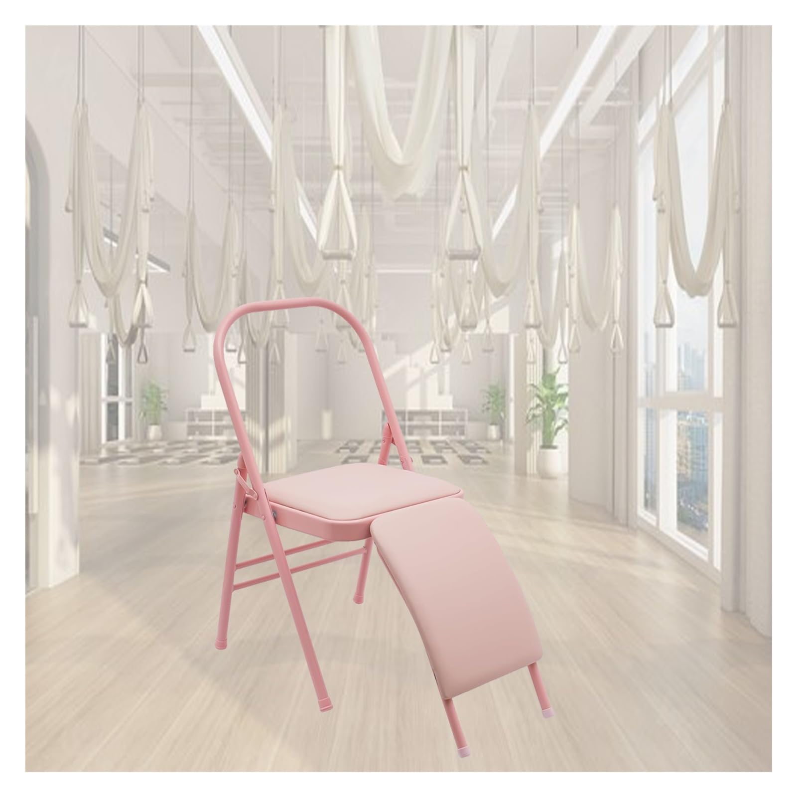 MZZKFC Foldable Yoga Chair with Removable Lumbar Support, Pink Yoga Auxiliary Chair, Balance Handstand Training Tool for Push-Ups/Core Workouts & Inversions