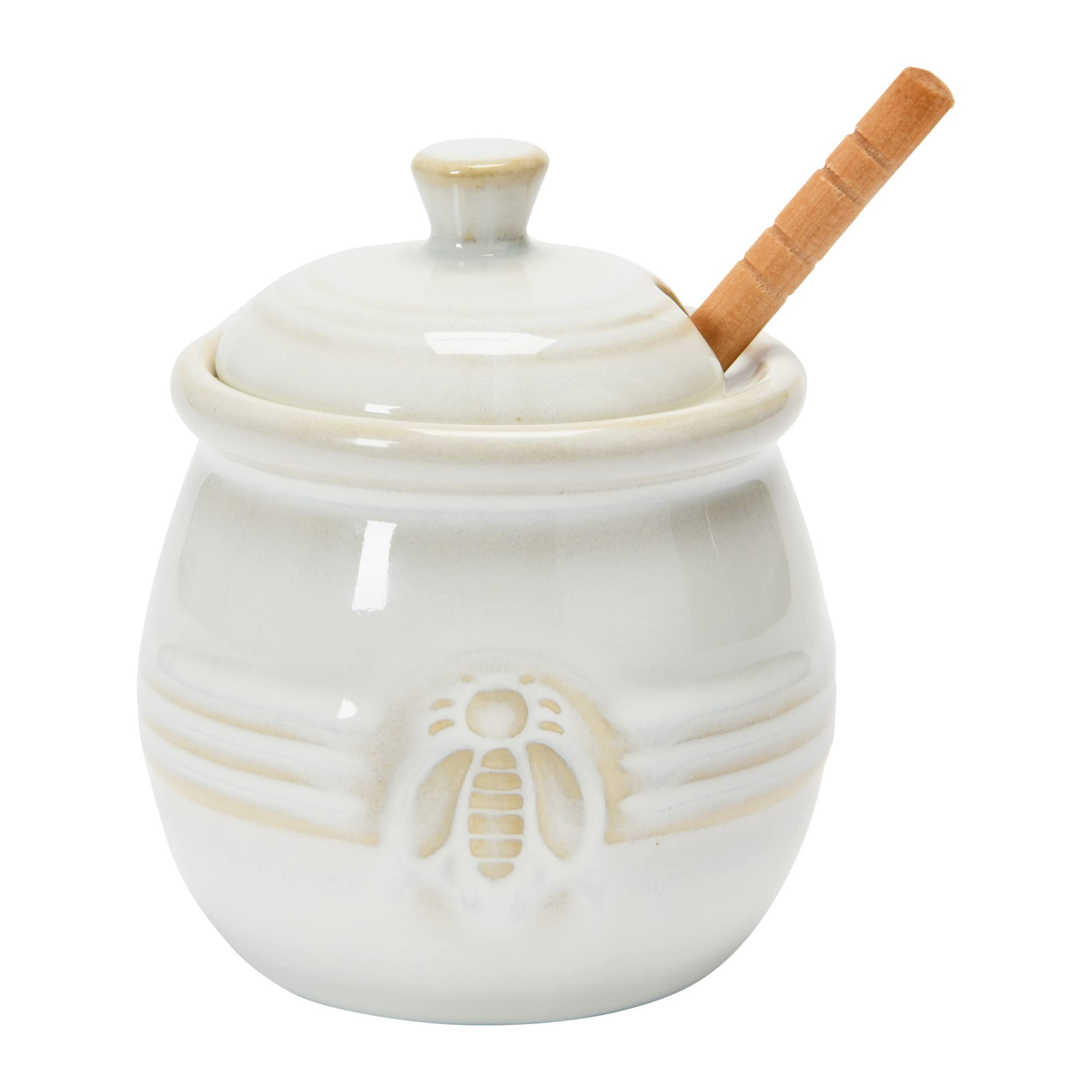 Stoneware Bee Lid and Wood Dipper, White Honey Pot