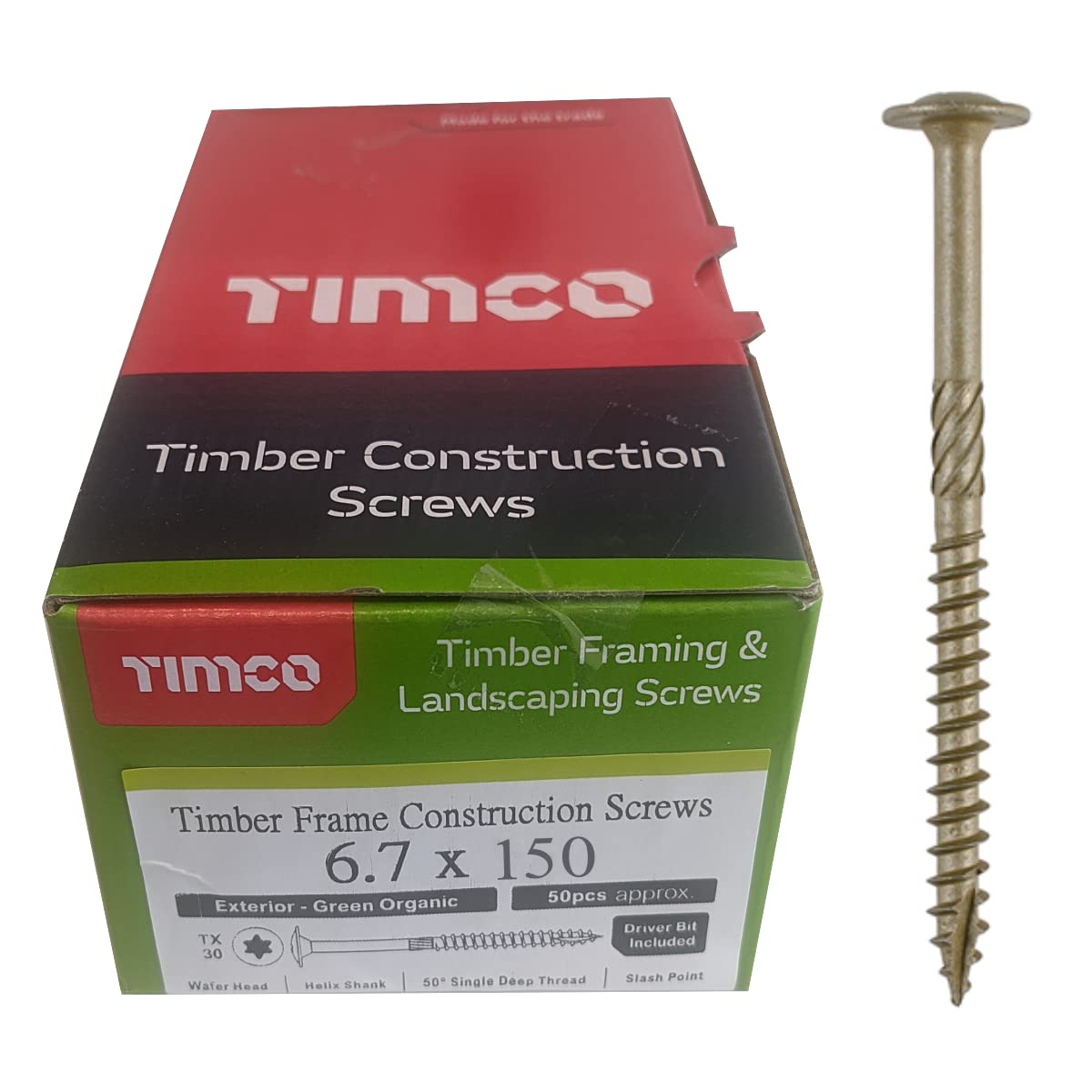 Timco Green 150Inw Timber Frame Construction & Landscaping Screws - Wafer - Exterior - Organic 6.7 X 150 Box 50