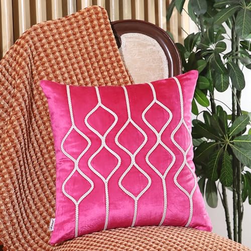 Image of Home - The Best is for You Luxurious Pink Velvet Cushion Covers Embroidered - Set of 2, 16x16 Inch
