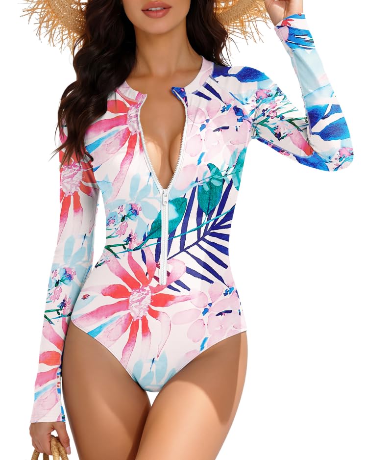 Best UV Protection Swimsuits for Women Over 50 (UPF 50+ Styles Worth Buying) 14 Zando Long Sleeve Swimsuits Rash Guard for Women - UPF 50+ One Piece Bathing Suit for Women with Built-in Padded Bra, Modest Full Coverage Swimsuit for Beach Surfing Wear, Watercolor Flower Size 6-8