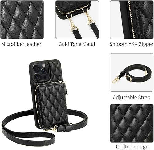 Miniatura 27 de LAMEEKU for iPhone 15 Pro Case Wallet, Crossbody Wallet Purse with Card Holder, Quilted Leather Zipper Wrist Strap RFID Blocking Cover for Women for