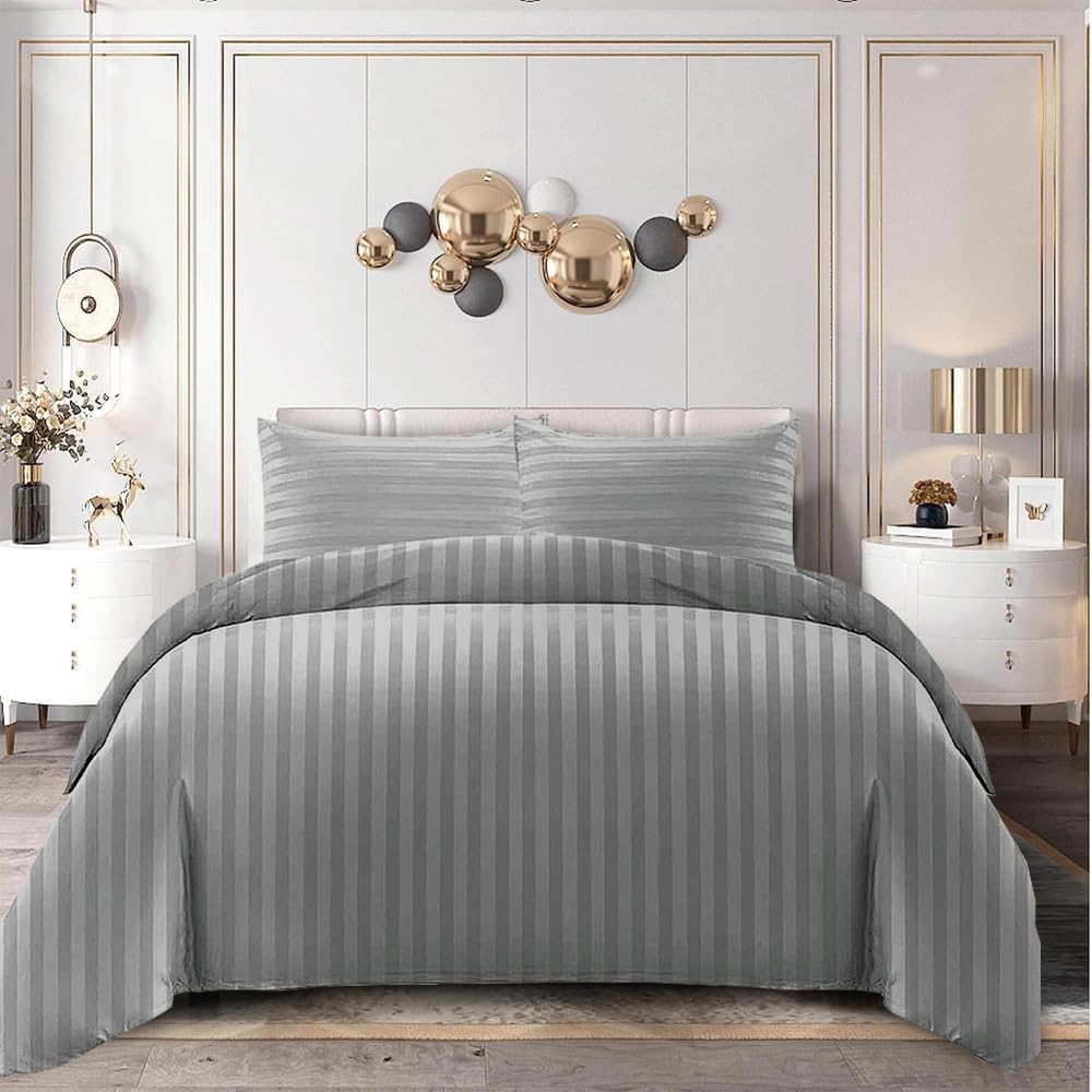 Home In Style 4U Single Duvet Cover Sets Grey Bedding with Satin Stripes