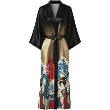 Women's Long Satin Kimono Robes Floral Pattern Lightweight Bathrobe