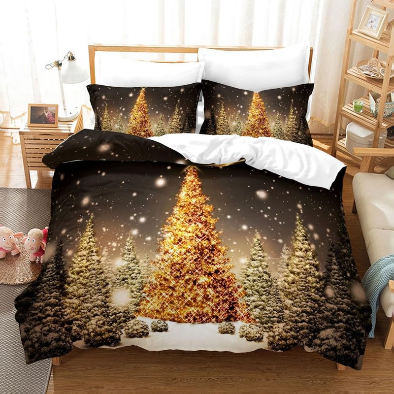 Housse de Couette 240 x 260 Sapin de Noël Doré avec 2 Taies d'oreiller 65x65cm