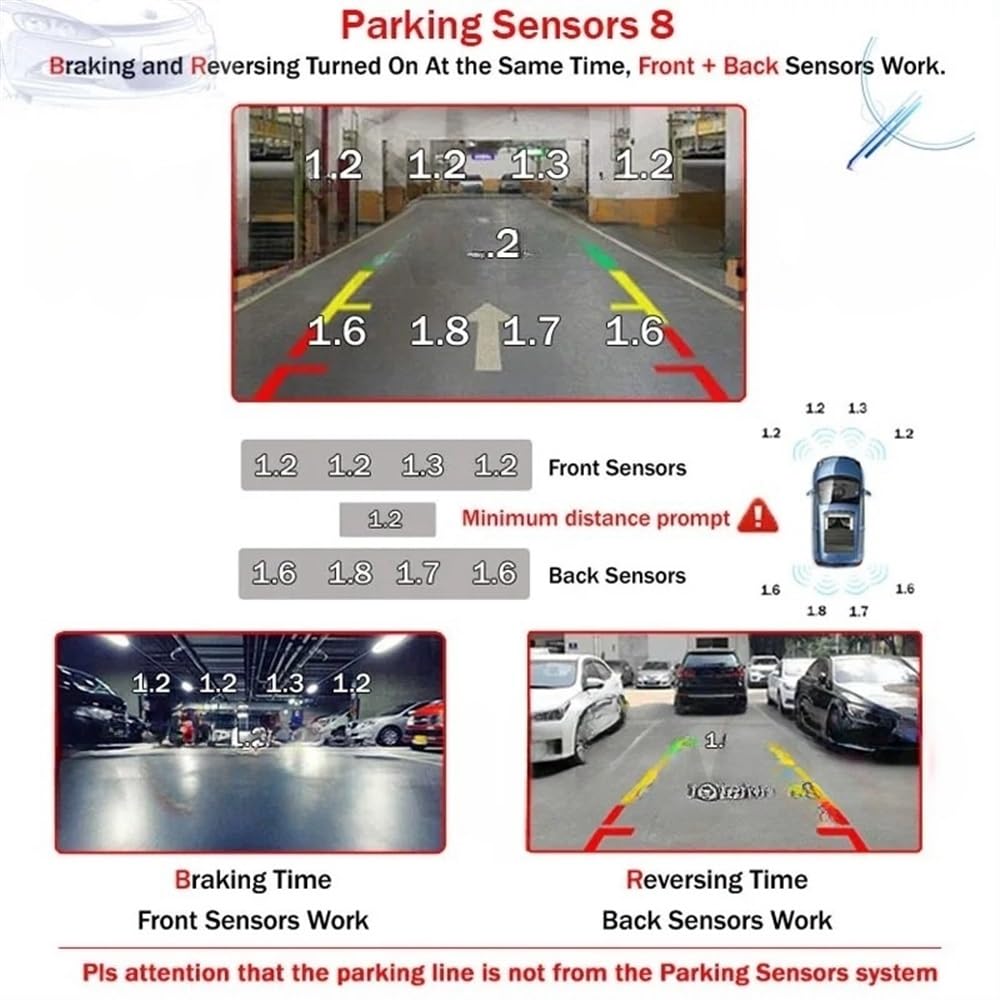 Sensores Estacionamiento Accesorios Parktronic para coches, Detector de Radar de marcha atrás frontal plano de 16,5 MM Kit 8 sensores para AHD de estacionamiento de vehículos sensores Aparcamiento PDC