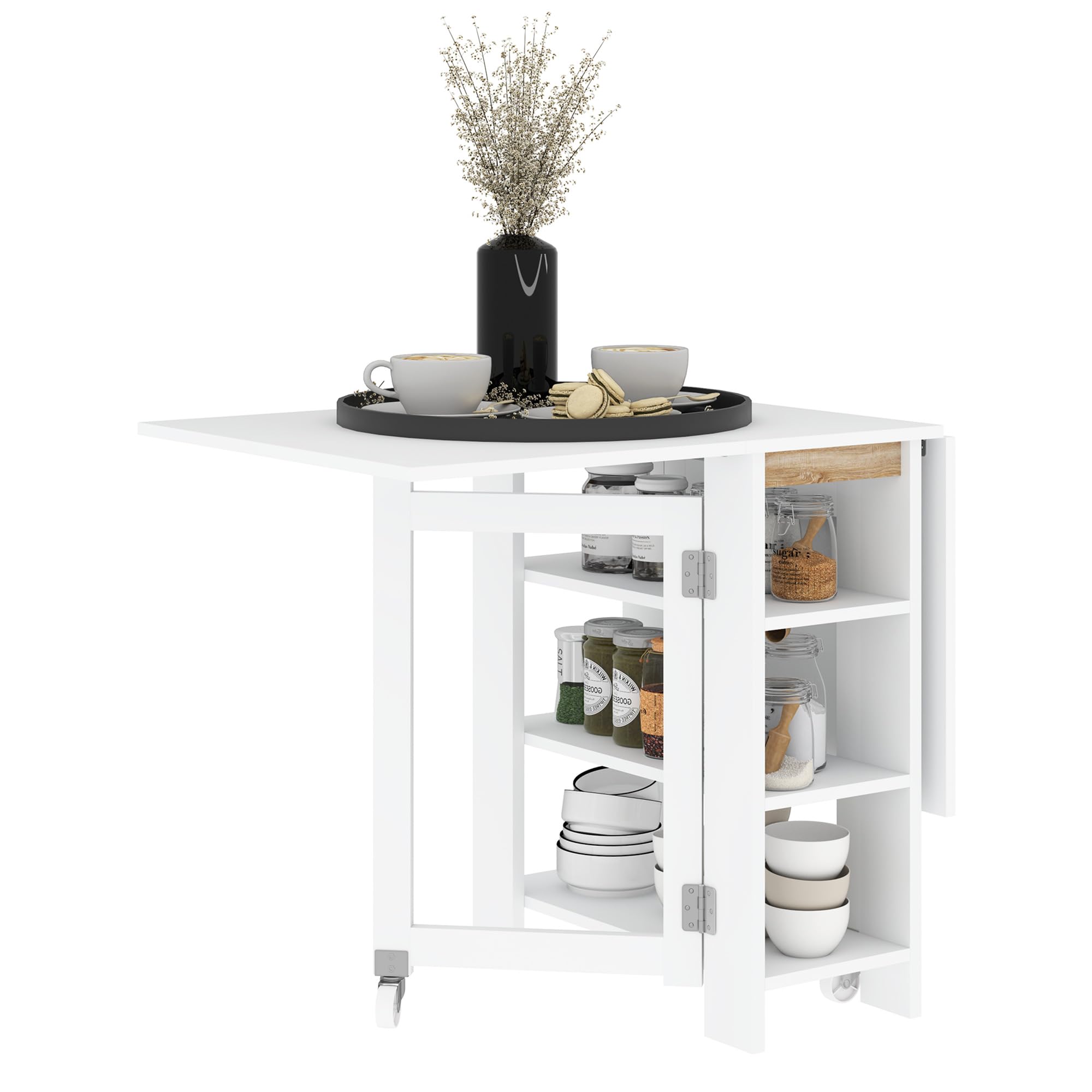 HOMCOM Tavolo da Pranzo Pieghevole Tavolo a Ribalta 120x60x75 cm Bianco | Con Ruote per 4 Persone, Scrivania Richiudibile Salvaspazio, Con 2 Ribalte e Ripiani, Soggiorno, Casa, Ufficio