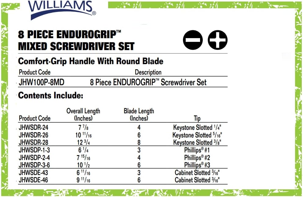 Williams 8-Piece Endurogrip Multi-Size Screwdriver Set, Keystone Slots Hex Bolster & Phillips, Comfort Grip Prevents Slippage, Extra Strength Steel Chrome Blades