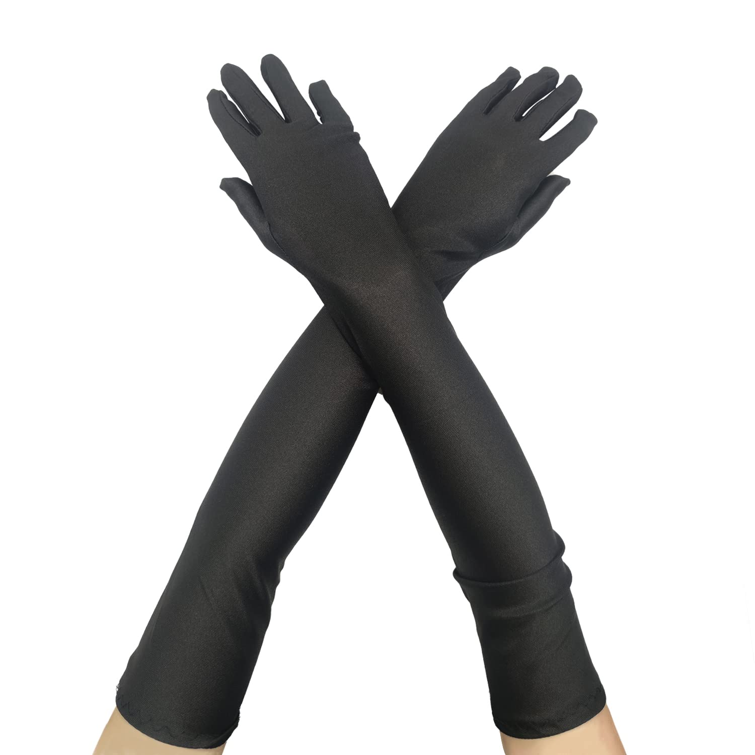 CHEERYMAGIC Long Elbow Satin Gloves, Evening Opera Gloves 1920s Style Dance Fancy Dress Glove for Wedding Prom Opera A4-XNST (Black)