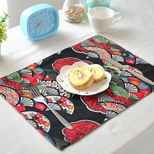 GRANVISTA Japanese Embroidery 100% Cotton Fabric Linen Placemats Tablemat Dining Table Double Sided Thick Heat Resistant Surface Protection Washable ( 6 pcs Set Red Landscape)