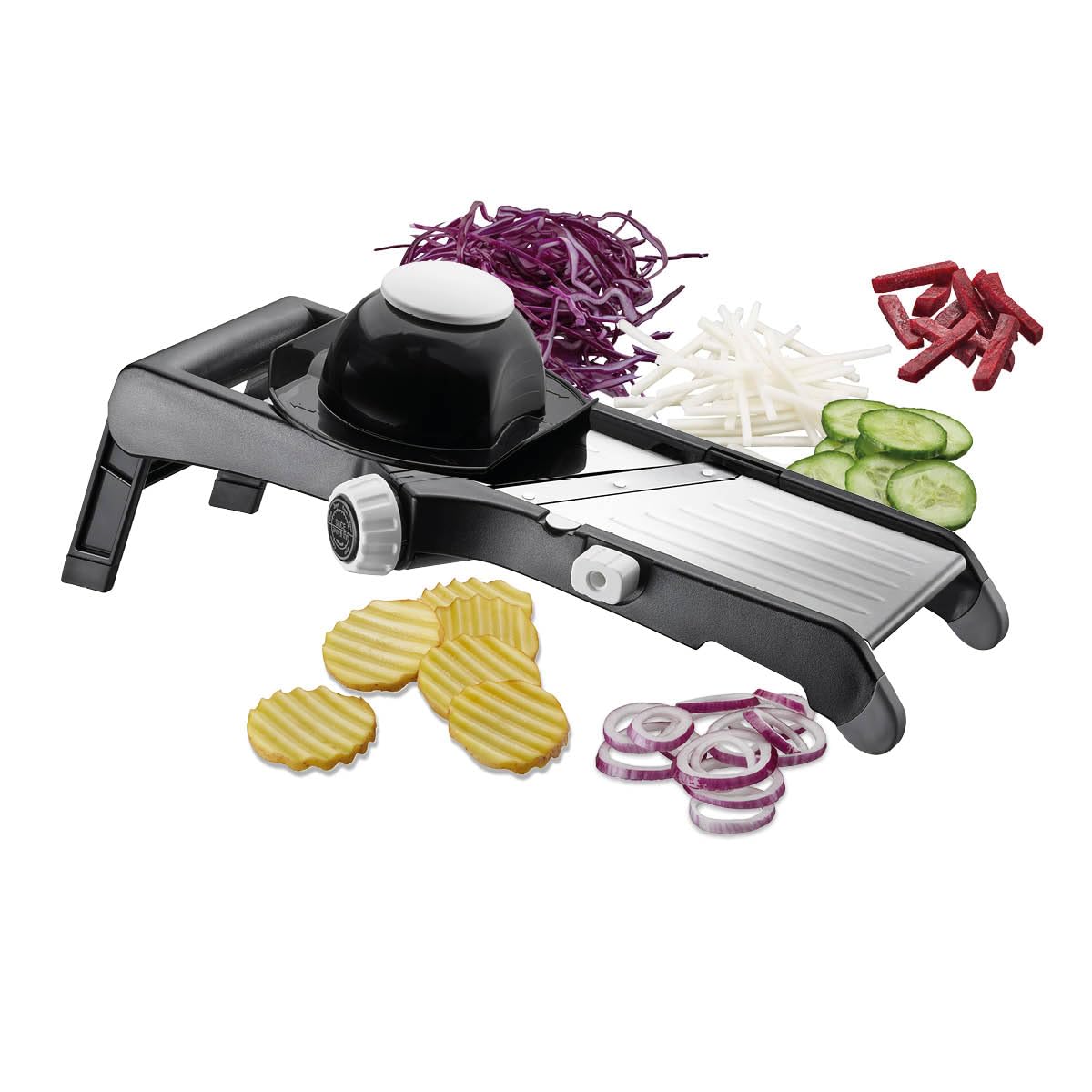 GEFU Cortador de verduras LAOLA | Grosor de corte ajustable 1 – 9 mm | Juliana y corte ondulado | Acero inoxidable, pies antideslizantes, soporte de seguridad, apto para lavavajillas