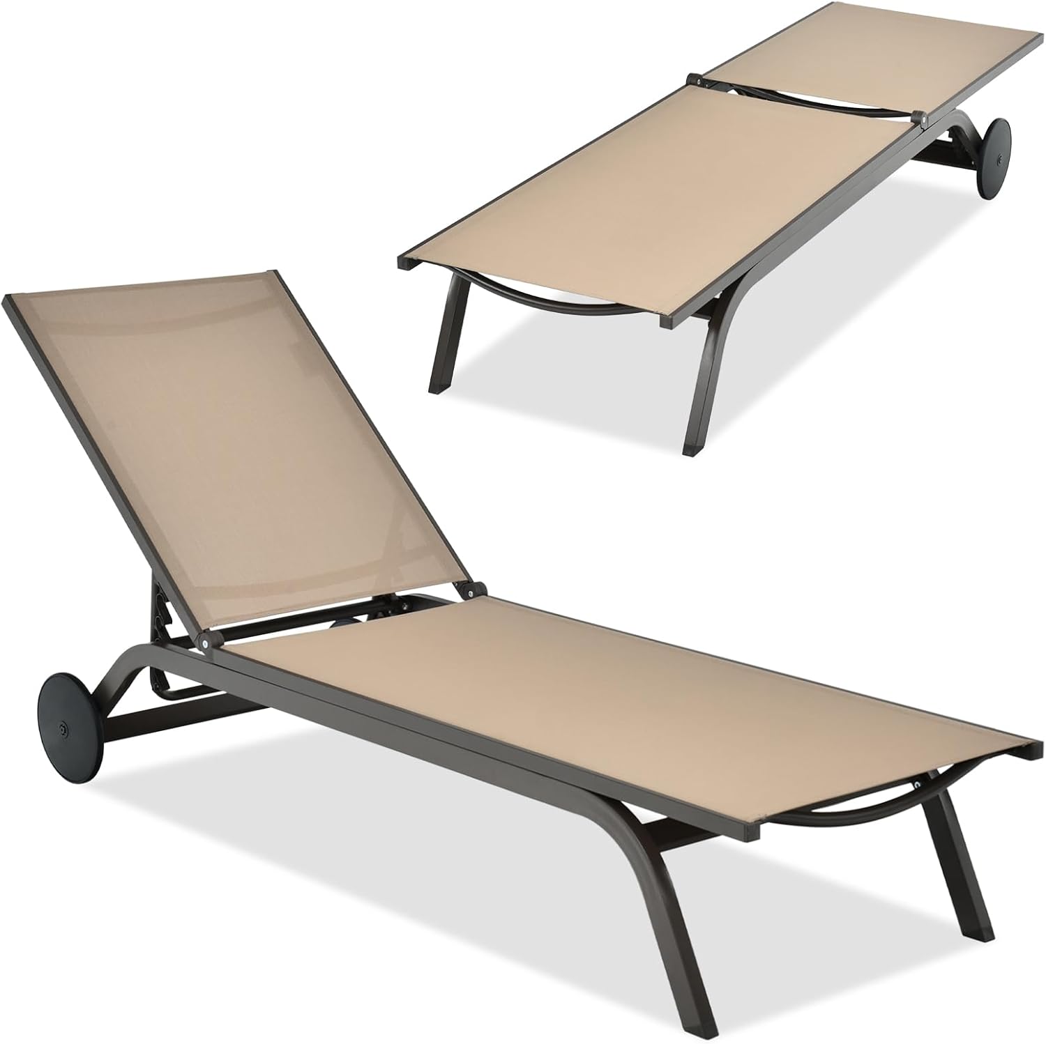 COSTWAY Outdoor Patio Chaise Lounge, 6-Position Adjustable Pool Lounger with Stable Aluminum Frame, Portable Sun Bathing Lounge Chair on Wheels for Backyard Garden, Black