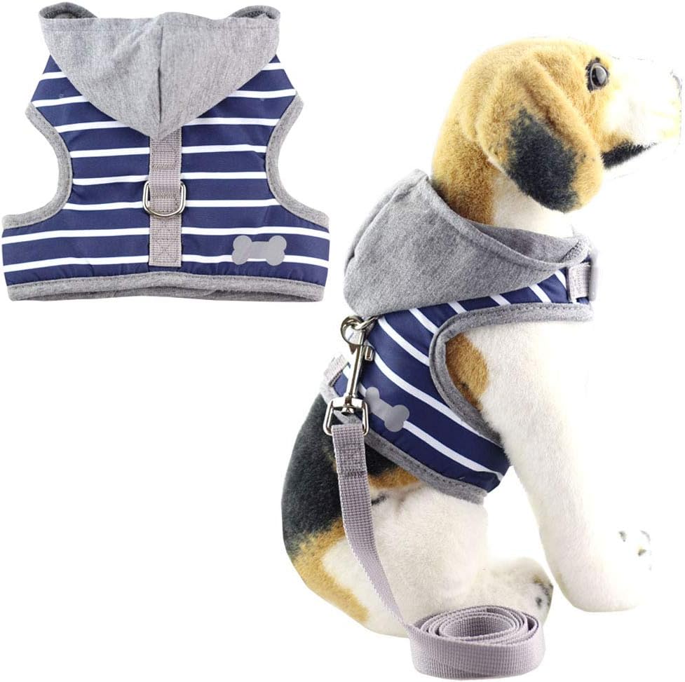 Bolbove Soft Pet Bone Stripe Vest Harness and Leash Set with Grey Hood for Cats Small Dogs