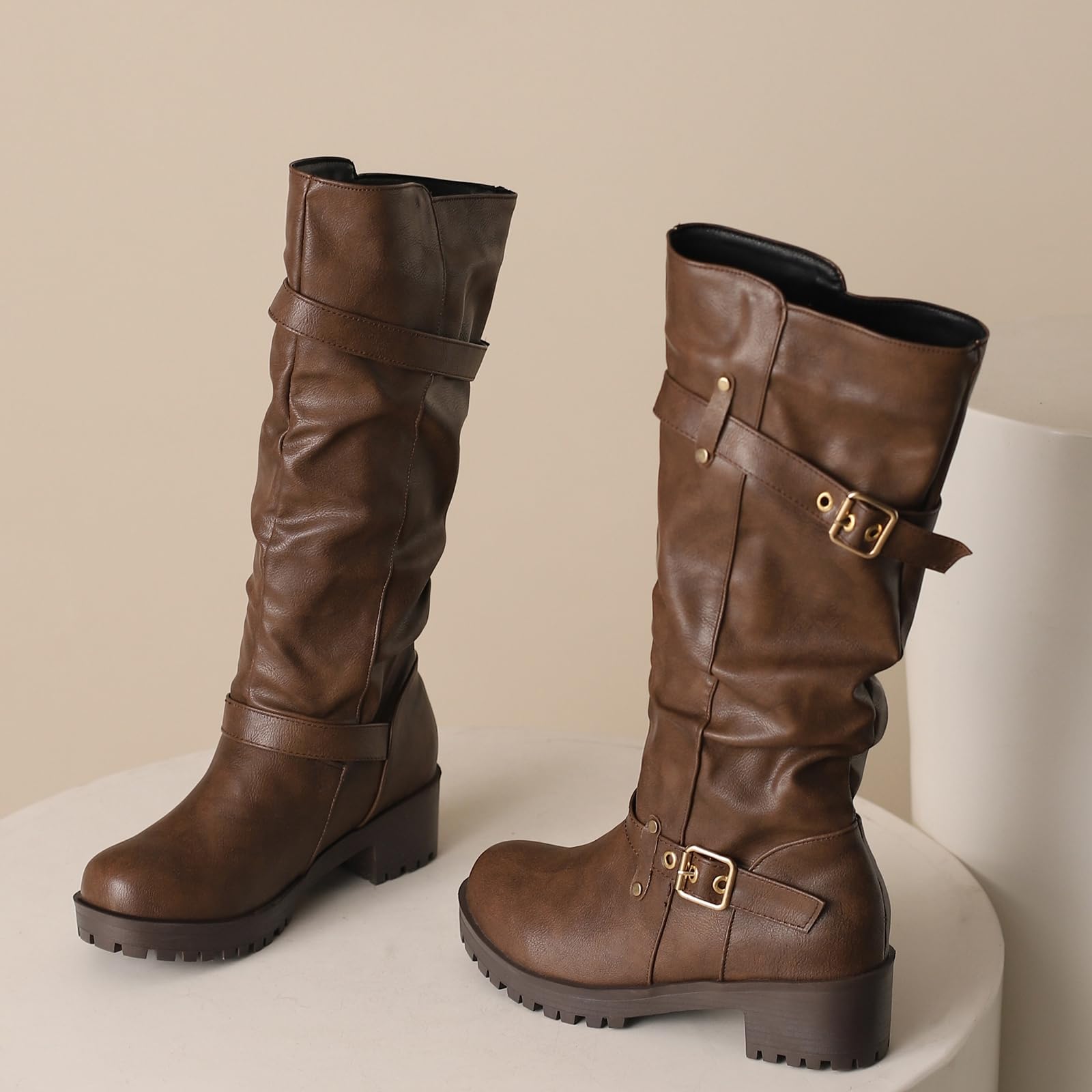 Botas de tacón de bloque para mujer, botas de punta redonda y botas altas hasta la rodilla para trajes casuales