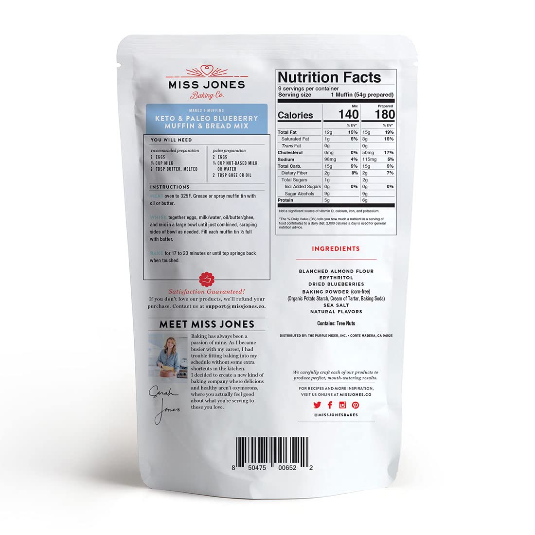 Miss Jones Baking Keto mix di muffin al mirtillo, senza glutine, a basso contenuto di carboidrati, senza zuccheri aggiunti, dolci e dolcetti, per diabetici, Atkins, WW e Paleo