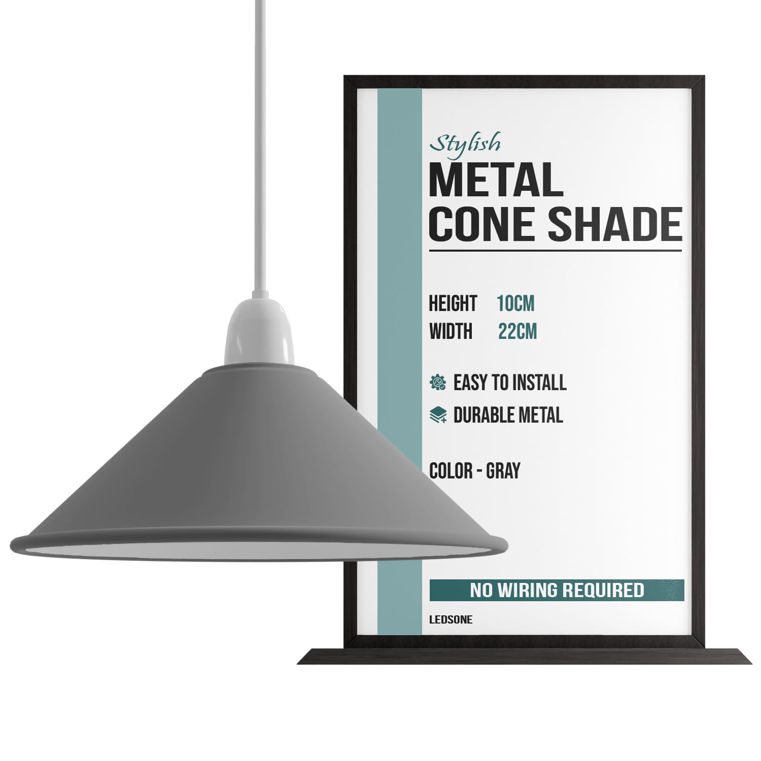 LEDSone Industrial Ceiling Pendant Ceiling Light Shades, 22cm Retro Vintage Style Cone Shaped Pendant Lamp Shade for Pendant Lights (Free Reducer Plate)(Grey) — image 1