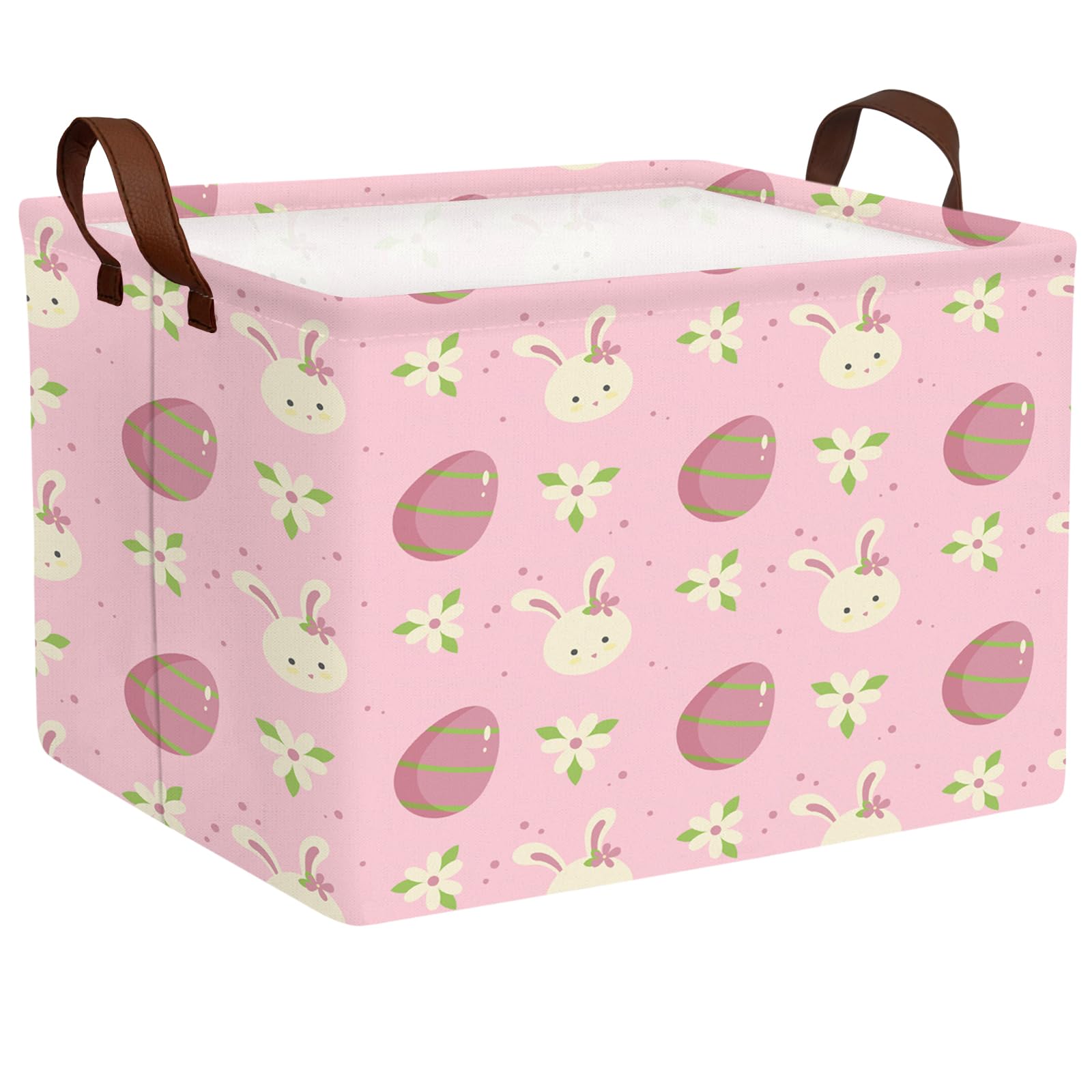 Large Cute Easter Basket for Kid Empty Gift Baby Rectangle Storage Bin Bunny Eggs Boy＆Girl Room Décor (Rabbit Pink Flower Egg)