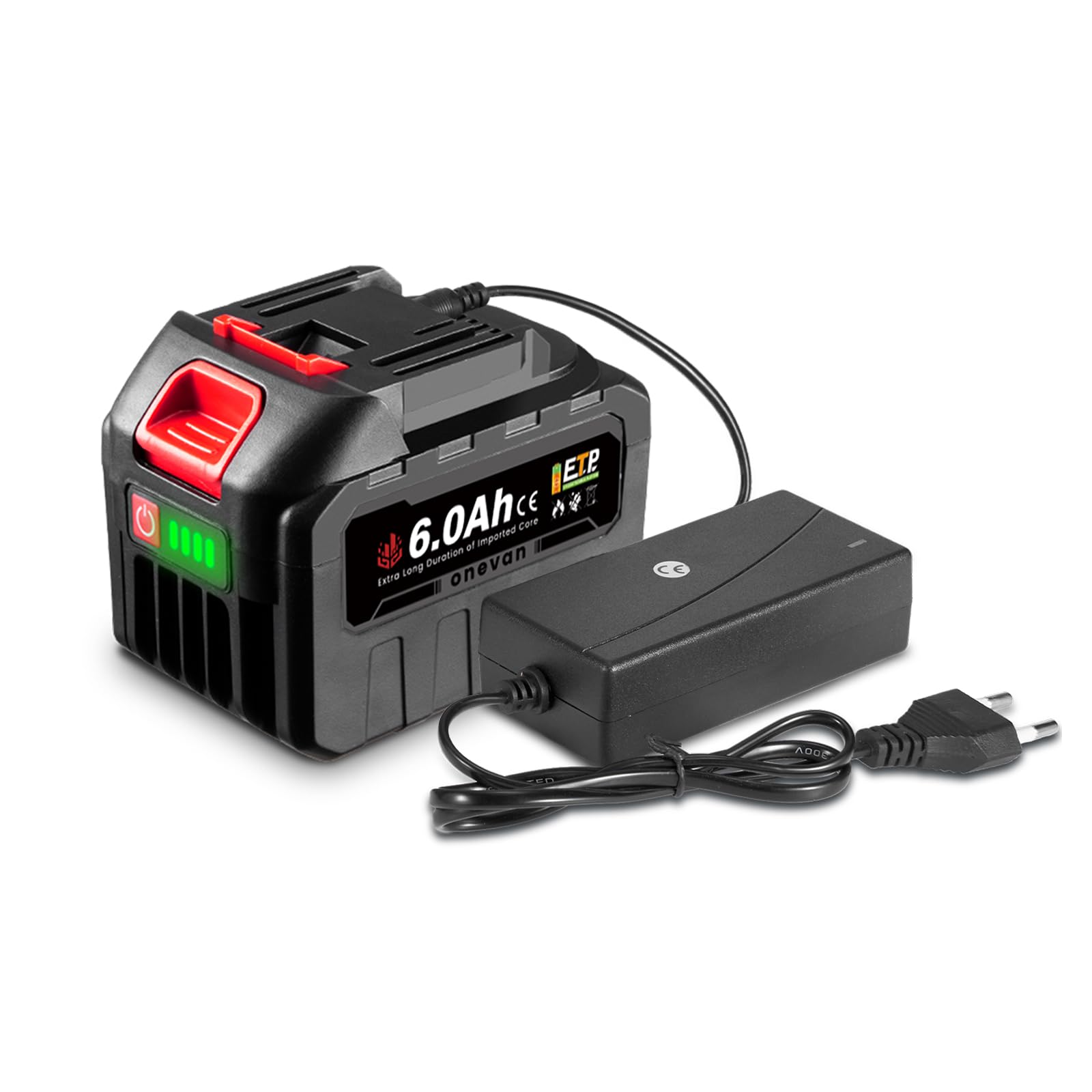 21V Batería de Litio con Cargador, 1x 6000mAh, para Herramientas ONEVAN | 21V aumento de voltaje, BMS protección múltiple, indicador LED, paquete de baterías para herramientas ONEVAN, plug-and-play