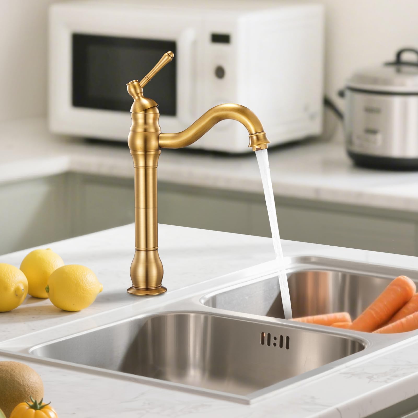 VEVOR Grifo Monomando para Lavabo con Botón Pulsador, Grifo para Fregadero de Cocina, Mezclador Monomando para Baño, Fregadero de Caravana, Carcasa de Latón, Dorado Antiguo, 395 x 220 x 62 mm