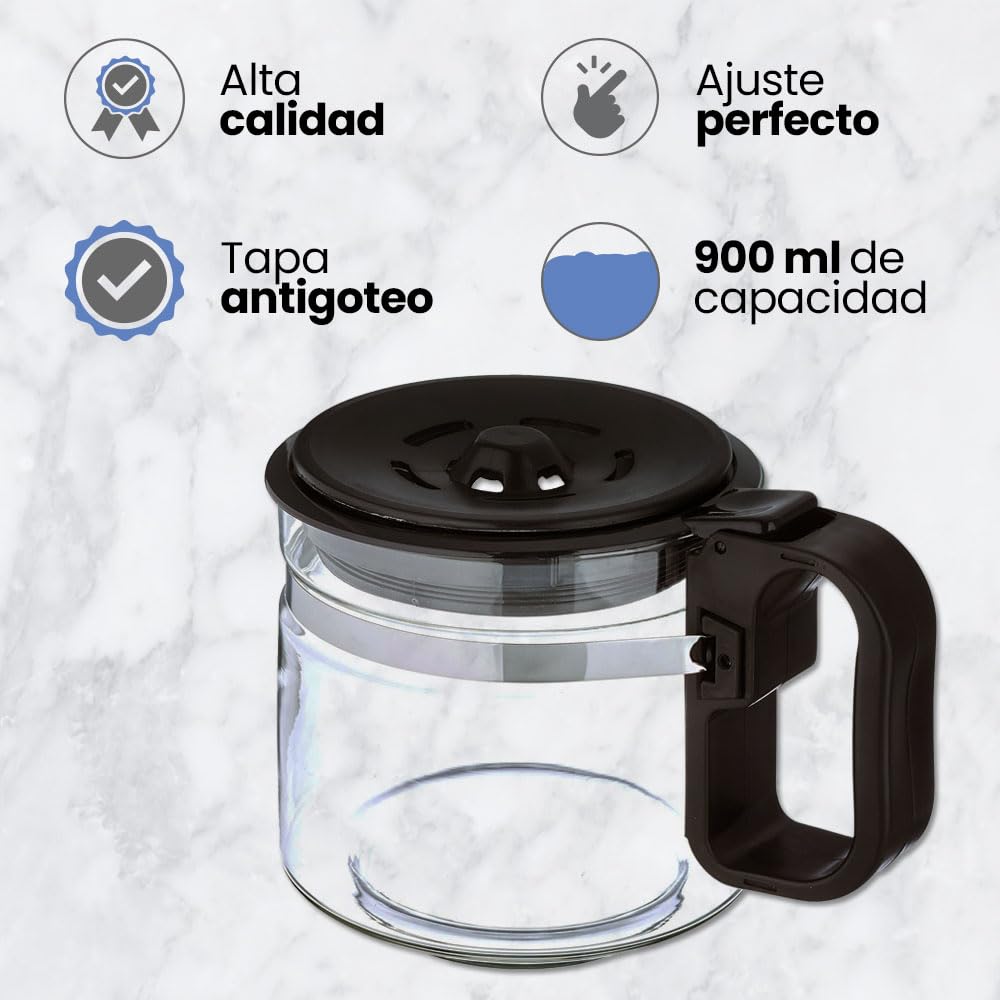 Anakel Home Jarra Cafetera Universal Grande Compatible con Cafetera Americana o de Goteo Eléctrica | Vidrio, Tapa Antigoteo, Altura Regulable 12,5-15 cm, 900ml | REVISAR MEDIDAS