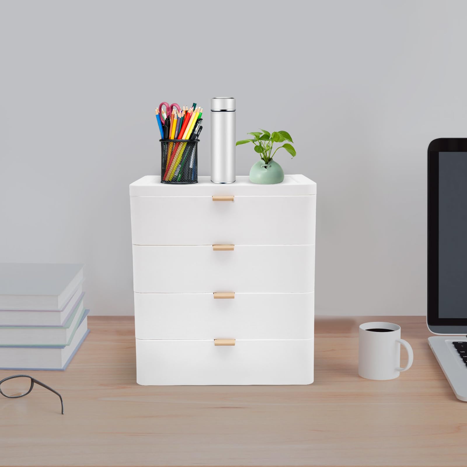Contenitore rettangolare da scrivania con cassetto, 4 cassetti, bordi convessi, angoli rotondi, per libri, gioielli, cosmetici, snack
