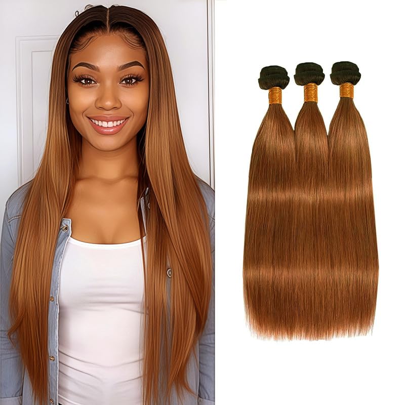 T1B/30 Ombre Brown 3 Bundles Human Straight Hair 22 24 26 Inch Straight Human Hair Brown Bundle 12A Brazilian Virgin Hair Quick Weave for Women T1B/30 Color