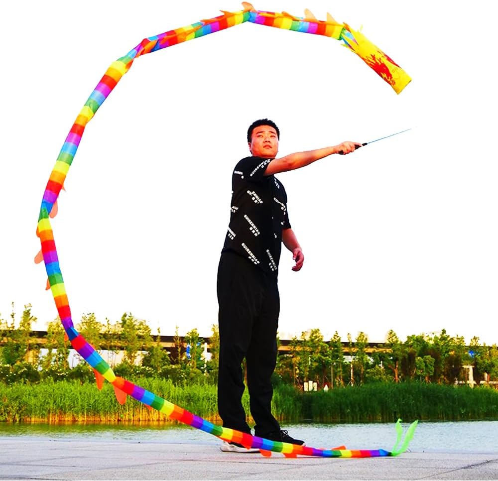DSJUGGLING 6.5 Ft Rainbow Flowy Dragon Poi, Outdoor 2 Meters Rainbow Color Dragon Spiral Practice Ribbon Streamer with Fiberglass Handsticks + Travel Bag image 5