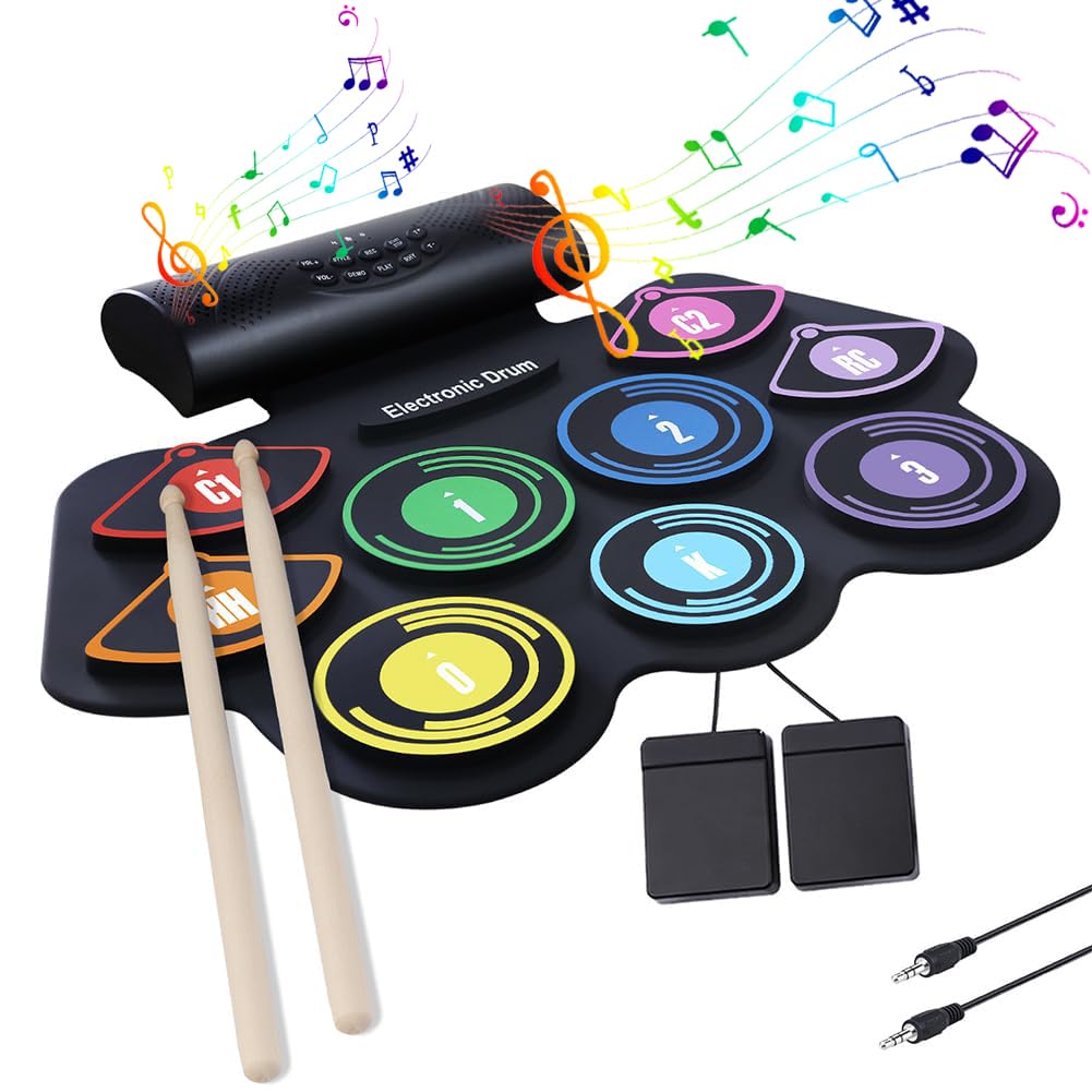 Batería electrónica, kit de práctica enrollable de 9 pads con pedales