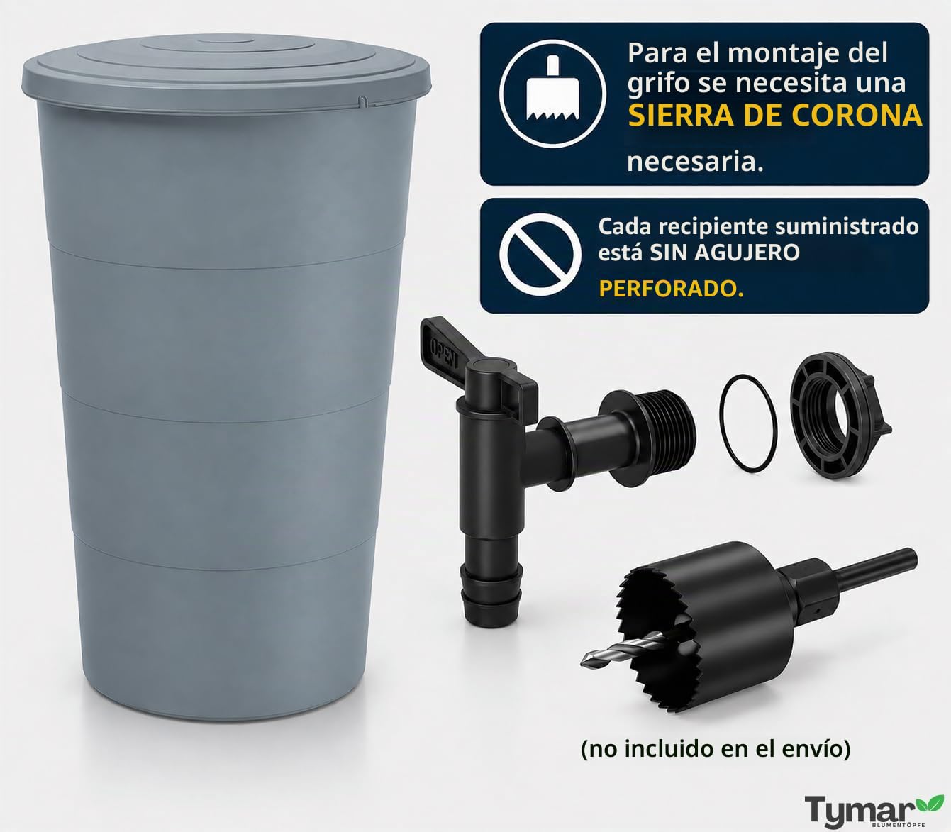 Tymar IDSM - Depósito de agua para lluvia (200 L, con grifo, depósito de agua de lluvia para jardín y balcón, diámetro 60 x 107 cm)
