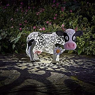 Garden Mile Novelty Solar Powered Light Up Cow Statue with Bronze Effect- White LED Solar Lights Outdoor Garden Metal Animal Sculptures Garden Ornaments Decoration Outdoor Figurine for Lawn, Pathway