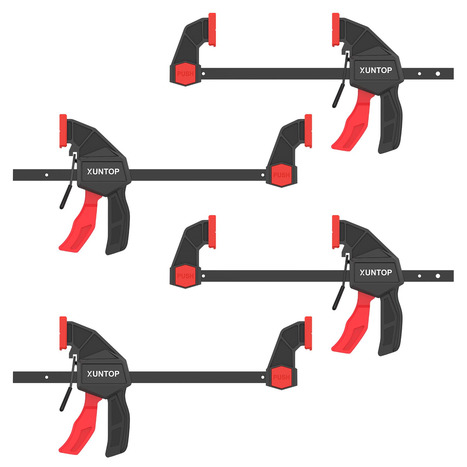 XUNTOP Morsetti da Falegname Set di 4 pz Morsetti a C Rapidi da 6" (150mm) Morsetti a Barra Forza di Serraggio 600N/60kg Funzione Sdoppiatore con Pulsante Cambio Rapido per Lavori di Falegnameria