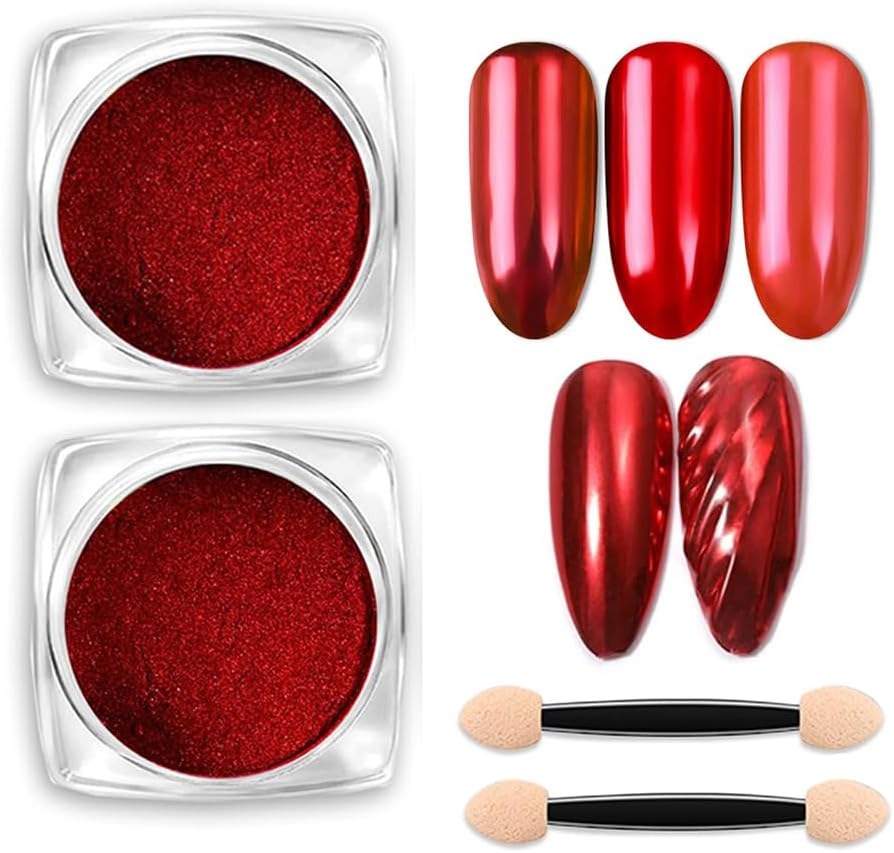 2 Boxes Red Chrome Nail Powder Metallic Mirror Effect Holographic Glitter Powder Reflective Pigment Dust for Manicure Decorations