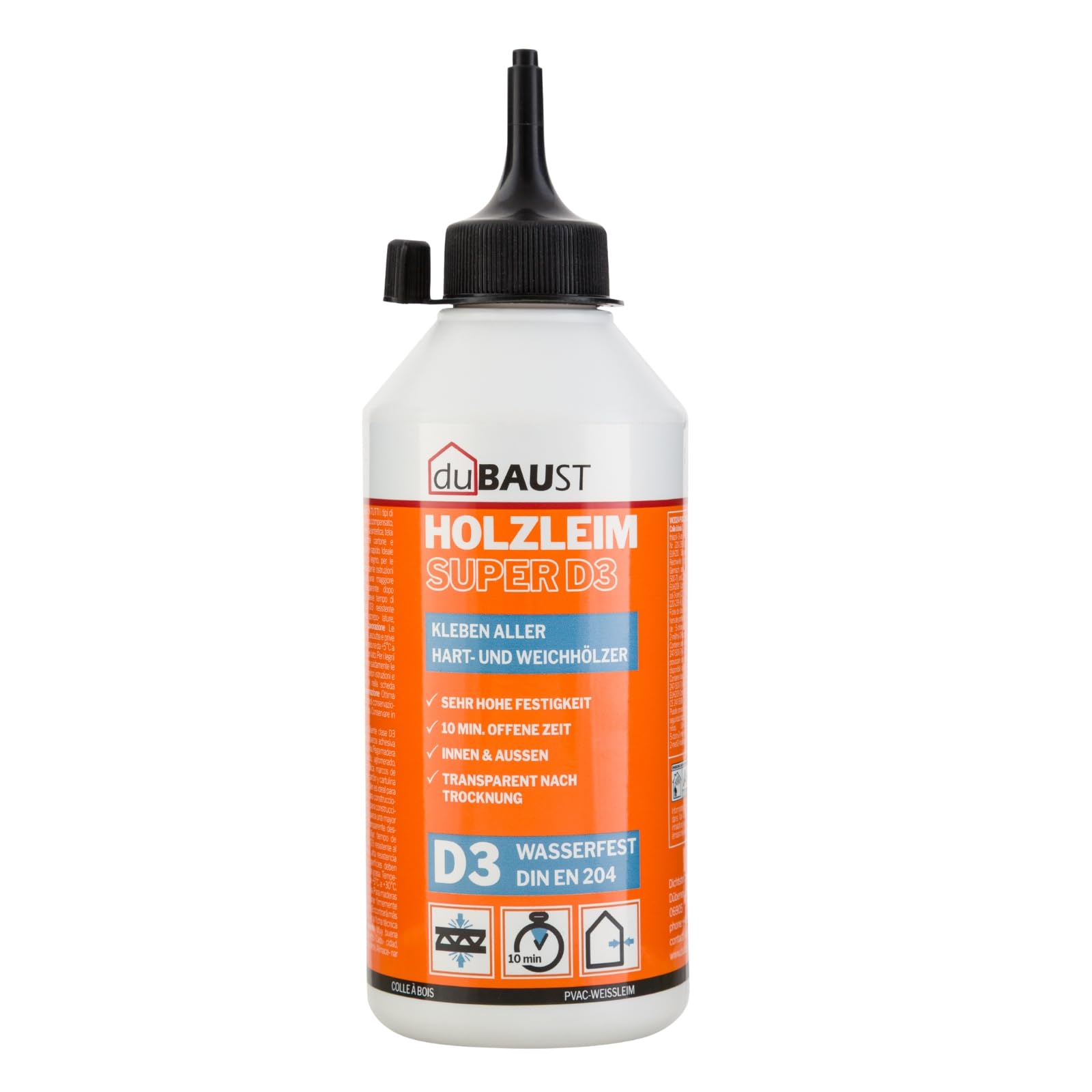 WOD24 - Pegamento para madera D3 de secado rápido, resistente al agua, para madera dura y madera blanda, color blanco – transparente después del endurecimiento (1, botella de 500 g)