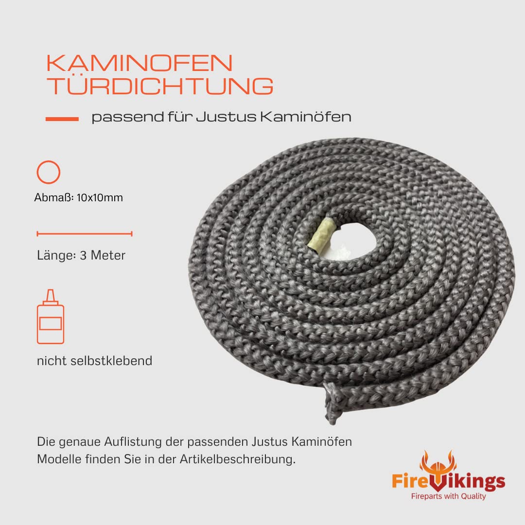 Justus - Guarnizione per porta del camino, 3 m, ø 10 x 10 mm, per modelli Lagos, Reno, R P50-5, Viking, Polarfalò K2