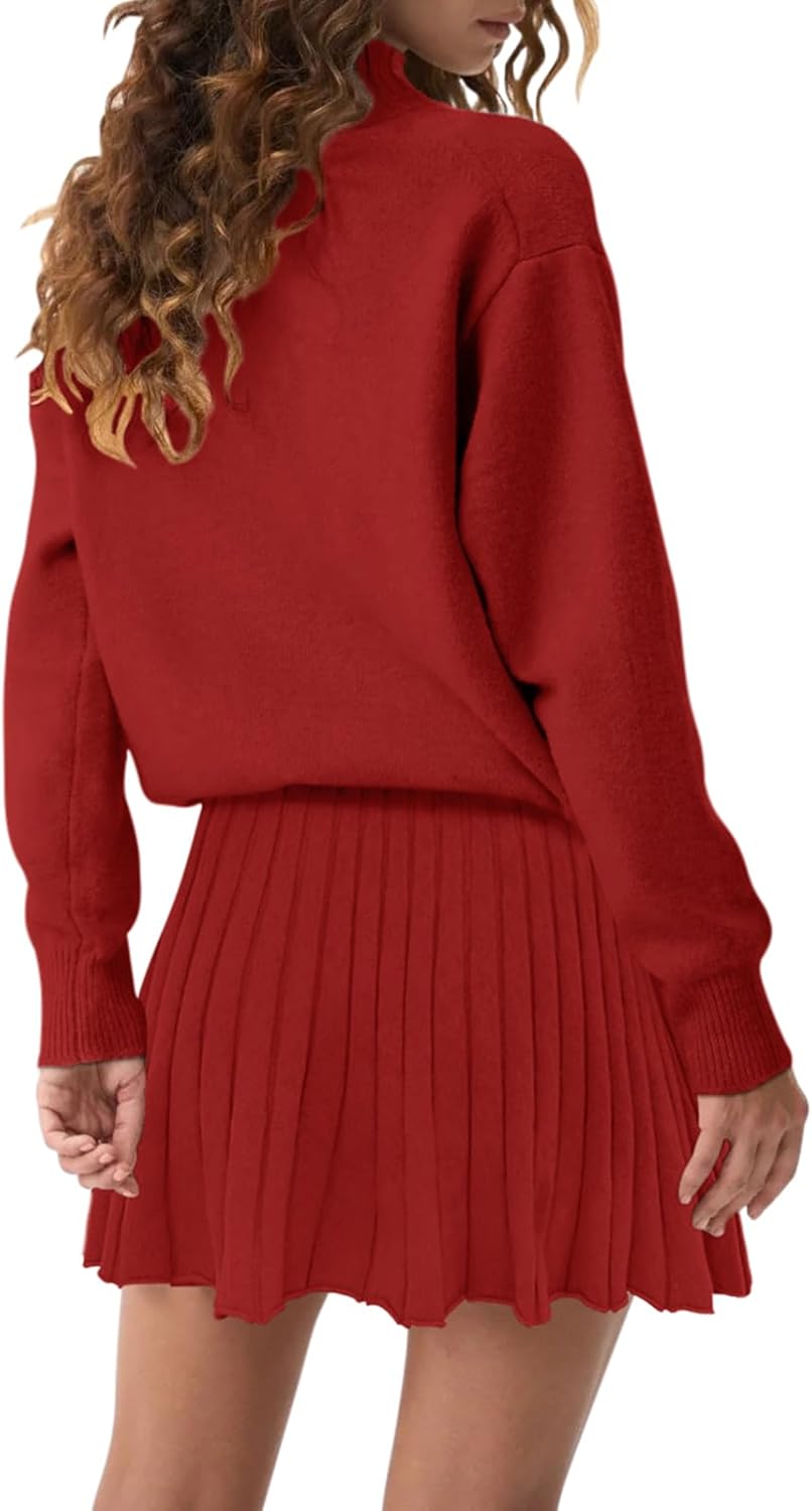 Women's Two Piece Outfits Turtleneck Long Sleeve Ribbed Knit Tops Pleated Mini Skirt 2026 Casual Sweater Sets - Image 3