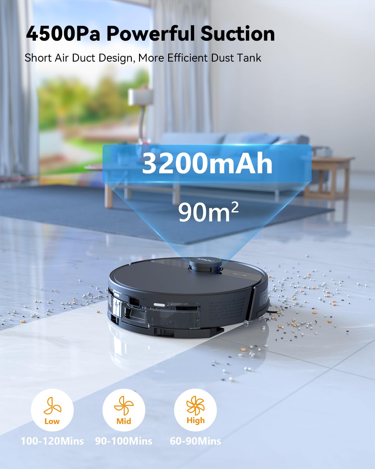 Imou Robot aspirapolvere 4500 Pa RV1 Pro con stazione di aspirazione automatica, robot aspirapolvere 3 in 1, ricarica automatica da 6400mAh, Lidar navigazion