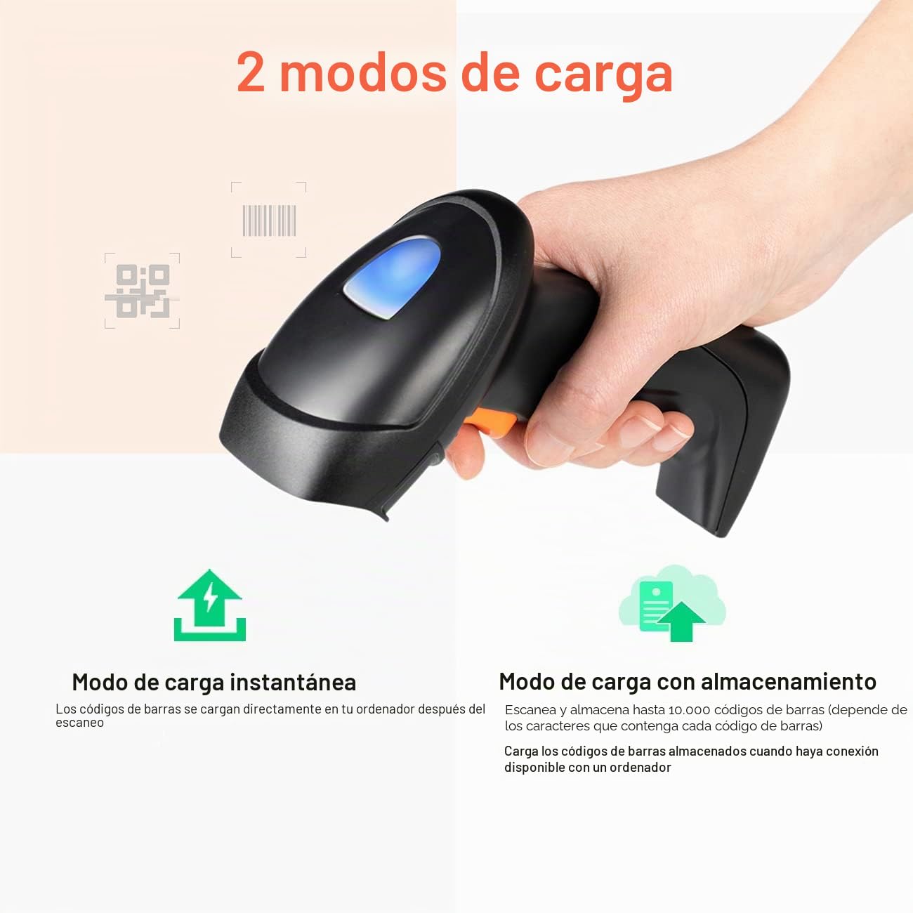 Tera Escáner de código de Barras 2D QR inalámbrico con Base de Carga USB Lector de códigos de Barras de Mano Escaneado rápido y preciso 2D QR 1D códigos de Barras 3en1, D6100-NEW