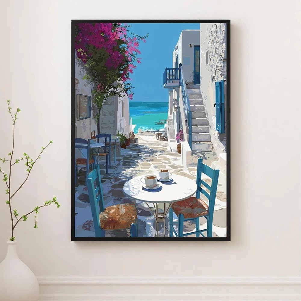 LTjiajuypd Coffee Prints Coastal Aegean Poster, Pink Bougainvillea Wall Art Greek Home Decor(70x100CM/Frameless)