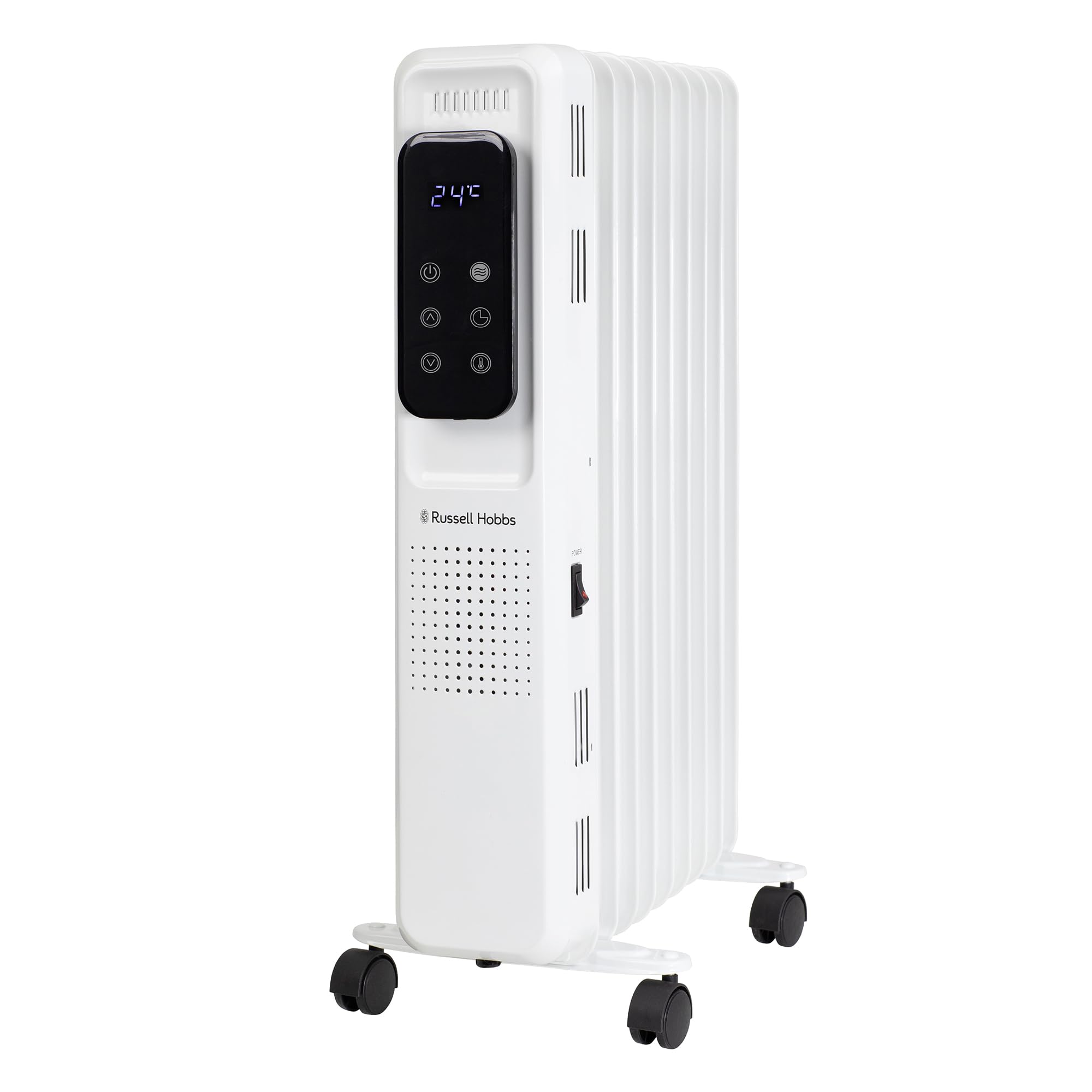 Russell Hobbs 2000W/2KW Oil Filled Radiator Digital 9 Fin Portable Electric Heater in White, 3 Heat Settings, 24hr Auto Timer, Overheat Protection, 2 Year Guarantee RHOFR2009-D