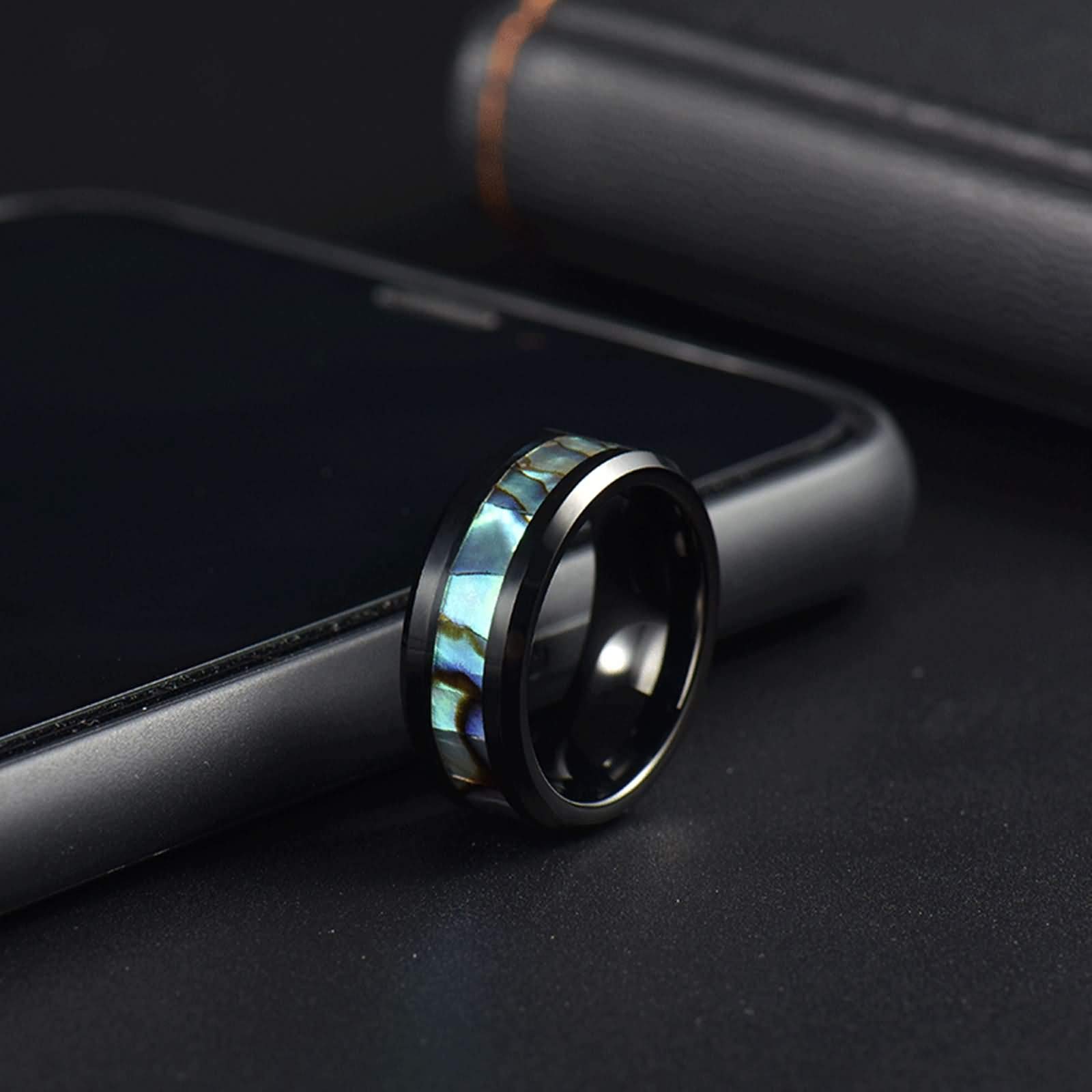 Anelli Uomo Tungsteno Anello Conchiglia Abalone Intarsiata Anello Fidanzamento Personalizzato 8MM Anello Promessa Nero Misura 12-31