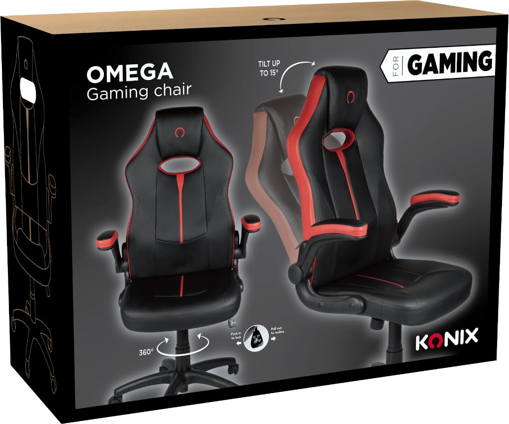 Konix Silla de oficina gaming Omega - Inclinación del asiento de 15° - Revestimiento de cuero sintético PVC - Negro y rojo