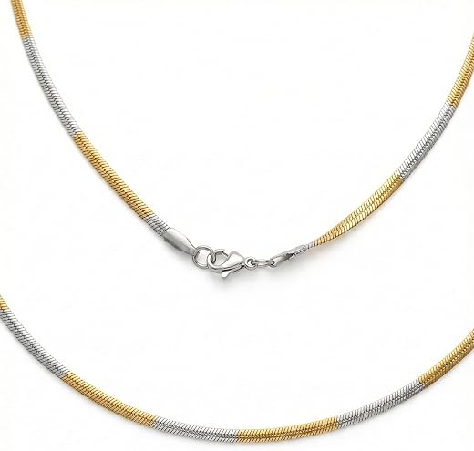 RITZ ART'S 20 Inch Chain for Men Two-Tone Gold &amp; Silver Plated, 3mm Sleek Mixed Metal Herringbone Snake Chain, Modern Urba...
