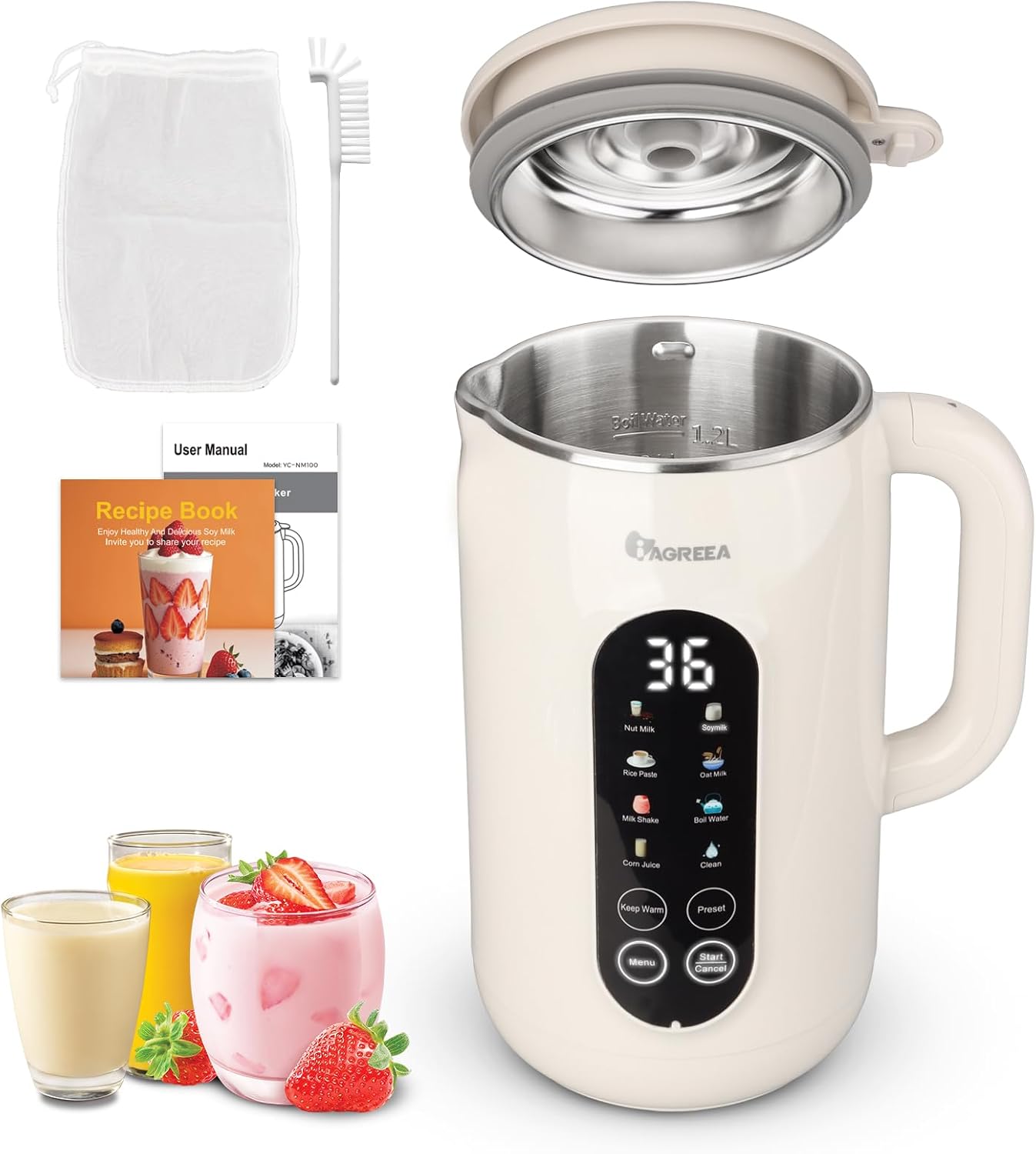 IAGREEA 8 in 1 Nut Milk Maker Machine Stainless Steel Lid BPA Free for Homemade Almond/Oat/Soymilk, 35 oz(1L) Almond Milk Maker Machine with 8 Mins Self-Cleaning, 2 hrs Keep Warm, 750W Stirring Power IAGREEA 8 in 1 Nut Milk Maker Machine Stainless Steel Lid BPA Free for Homemade Almond/Oat/Soymilk, 35 oz(1L) Almond Milk Maker Machine with 8 Mins Self-Cleaning, 2 hrs Keep Warm, 750W Stirring Power